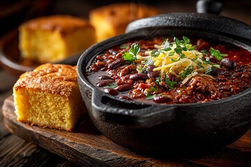 Delicious chili with cornbread ready to serve, perfect for a warm, comforting meal with friends