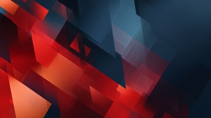 Abstract geometric prism shapes in bold reds and blues floating against a deep navy background with bright lighting and sharp lines for modern art themes
