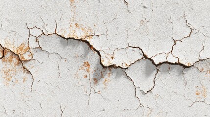 Obraz premium Aged Cracked White Wall Texture With Rust Stains, Weathered Surface Background, Vintage Rough Paint Peeling, Old Rustic Wall Detail, Grunge Abstract Pattern For Design And Artistic Projects