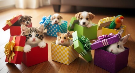 Pets in gift boxes