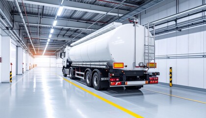 White tanker truck parked inside clean industrial facility—cylindrical tank, rear ladder, polished floor, yellow lane markings, and overhead piping evoke liquid transport and operational precision.