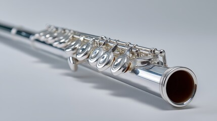 Fototapeta premium Closeup of a polished silver flute with intricate keys and curves highlighted under studio lighting against a soft gray background, capturing craftsmanship and elegance for musical themes