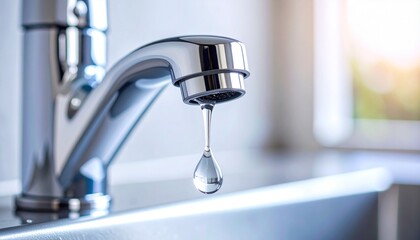 Close-up of chrome faucet above white sink with single water droplet suspended mid-air&mdash;bright lighting and tiled background evoke themes of leakage, conservation, and environmental awareness.