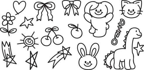 Cute Objects Doodles – Bunny, Bow, Cherry, Smiling, Kids, Fun, Cartoon, Happy, Decorative, Hand Drawn, Simple, Character, Playful, Line Art, Animal, Creative, Comic, Baby