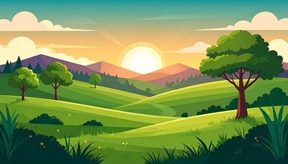 Fototapeta premium Lush Green Hills at Sunrise, Peaceful Mountain Landscape Illustration.