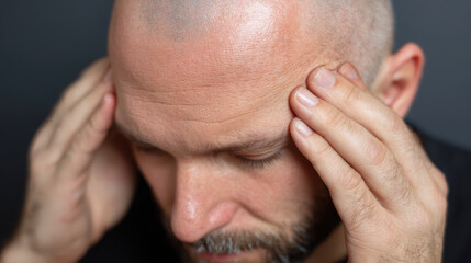 Fototapeta premium Man with headache holding head in pain and stress