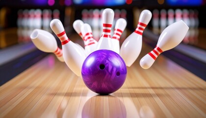 Purple bowling ball striking white pins with red stripes on polished lane&mdash;dynamic impact captured mid-motion, evoking excitement, precision, and energy of competitive bowling.