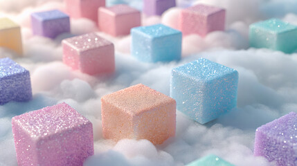 Colorful pastel sugar cubes on clouds creating a dreamy fantasy landscape candy theme art