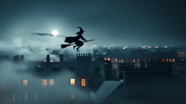 Dark fantasy concept of a witch on a broomstick silhouetted against a full moon, flying over a misty city at midnight