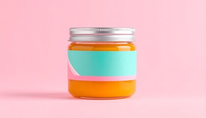Small glass jar with orange substance, metallic lid, and vibrant label&mdash;turquoise background, pink border, white accent&mdash;set against solid light pink backdrop, evoking modern food packaging charm.