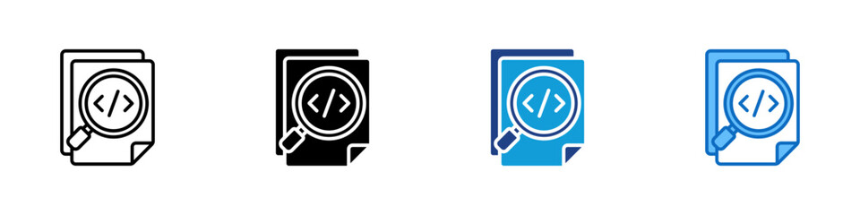 Code Review Multiple Style Icon Vector Design - Document with magnifying glass and code symbol, representing code inspection or quality check