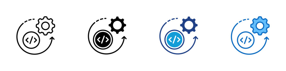 Code Iteration Multiple Style Icon Vector Design - Circular arrow with code and gear, representing iteration in software development or version updates