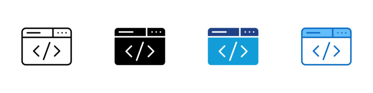 Code Editor Multiple Style Icon Vector Design - Browser window with coding symbols, representing source code editing or programming