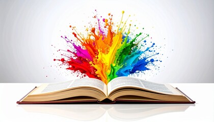 Open book on white background with vibrant splashes of red, orange, yellow, green, blue, and purple bursting from its center—symbolizing imagination, creativity, and inspired storytelling.