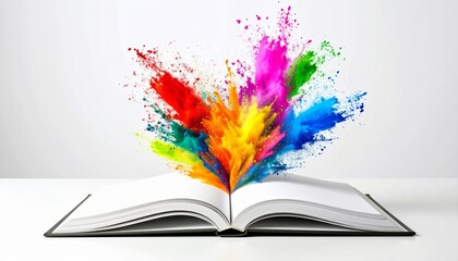 Open book on white background with vibrant splashes of red, orange, yellow, green, blue, and purple bursting from its center—symbolizing imagination, creativity, and inspired storytelling.