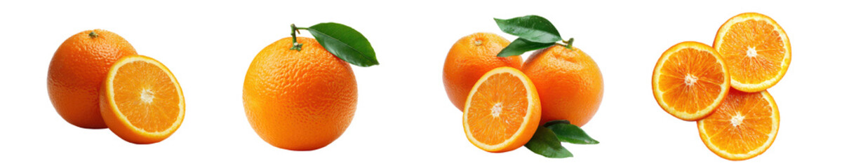 set of orange fruits and slices with leaves isolated on white or transparent png
