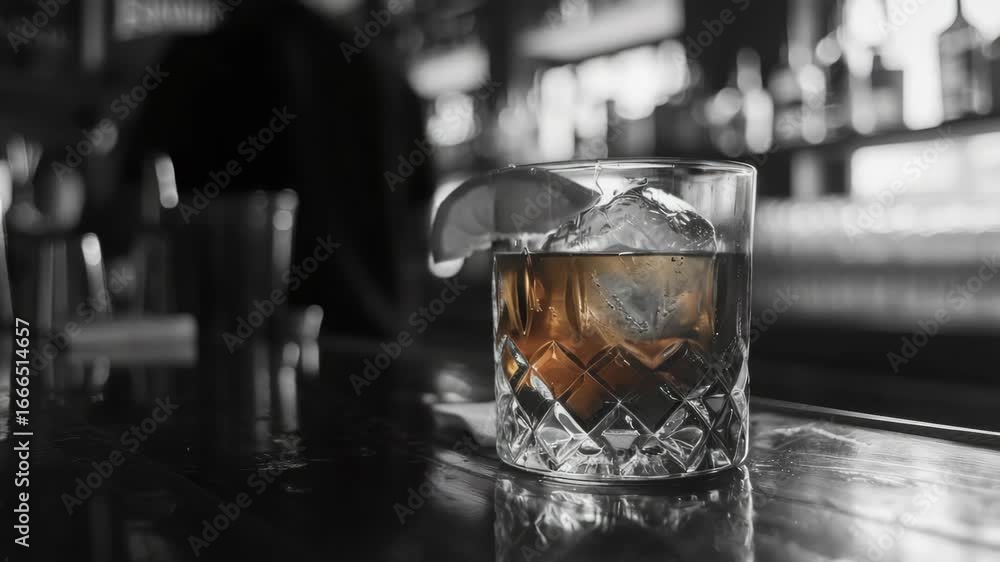 Poster glass of ice water on a bar counter, with clear ice cubes in the center. refreshing and inviting sum