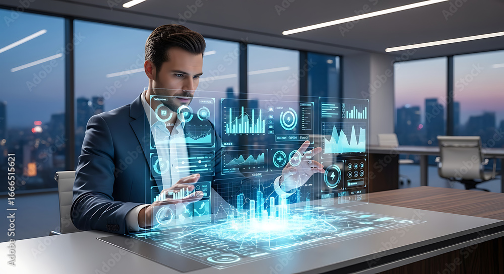 Poster man in suit interacting with holographic display in modern office with city skyline view at dusk ai 