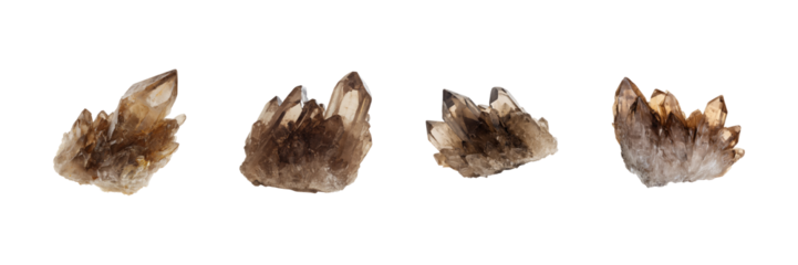 Smoky Quartz Crystal Cluster Set. Natural Mineral Specimens For Healing And Decoration Collection Isolated On Transparent Background