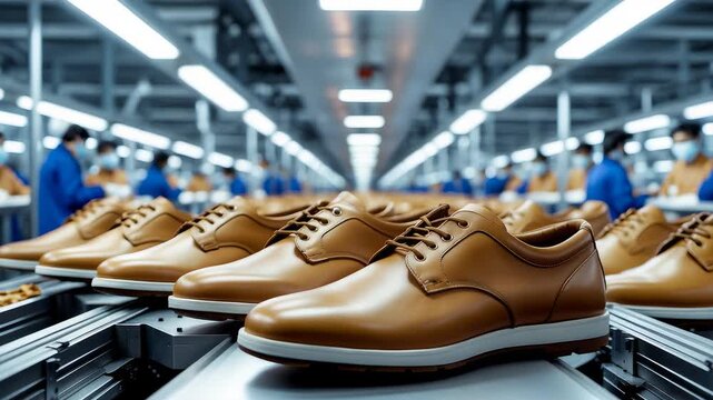 Row of polished leather shoes on automated production line inside modern footwear manufacturing factory with workers in uniform background