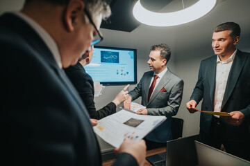 A group of colleagues collaborate during a professional business meeting in a contemporary office setting. Focused discussions and document reviews aid in making strategic decisions. A screen displays