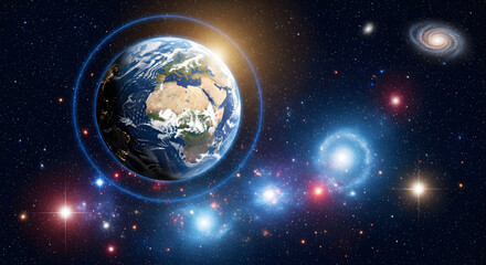 Fototapeta premium Earth in the vastness of space with orbiting rings and distant galaxies creating cosmic spectacle