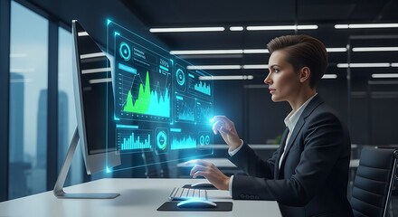Businesswoman interacting with holographic display in modern office environment setting at her desk ai generated