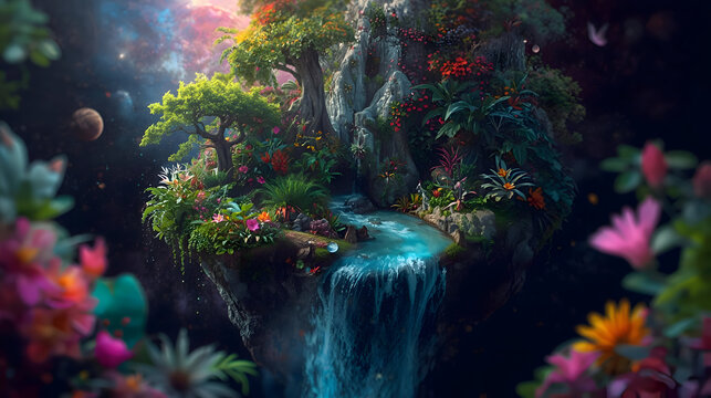 Magical floating island, lush green trees, vibrant flowers. waterfall cascades through dreamlike scenery, inspiring wonder and enchantment