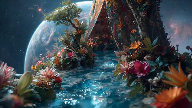 Vibrant fantasy landscape depicting magical river flowing through lush foliage with colorful flowers and an ethereal planet in background
