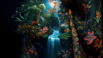 Magical night scene featuring vibrant jungle with glowing waterfall and luminous exotic flowers under soft moonlit sky, evoking wonder