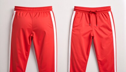 Red athletic jogger pants with white drawstring and side stripes, laid flat on light background—evoking sporty style, casual comfort, and modern streetwear with a fitted, ribbed ankle design.