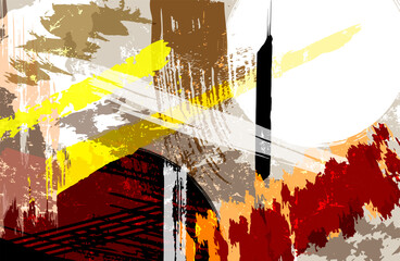 abstract geometric background, illustration with circles, lines and paint strokes and splashes