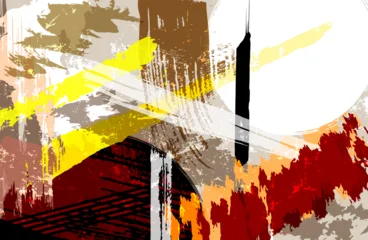 Fotobehang Abstract met Penseelstreken abstract geometric background, illustration with circles, lines and paint strokes and splashes  © Kirsten Hinte