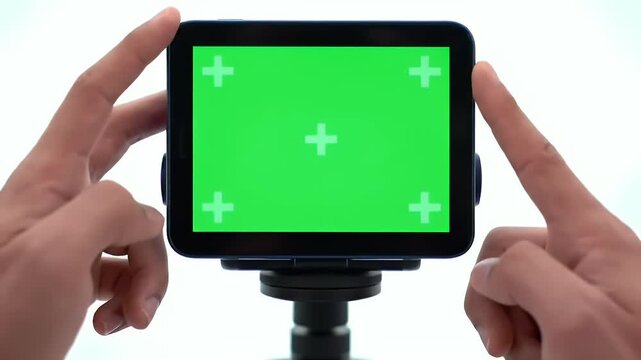 Hands Interacting with Green Screen Tablet on Tripod, Ready for Digital Content Replacement