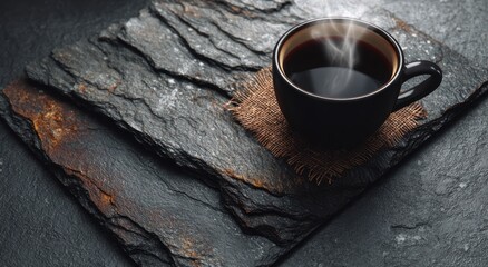 Dark coffee in a mug on layered stone