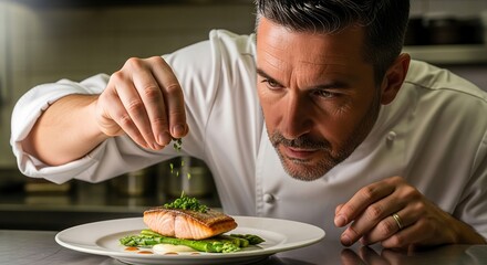 Professional chef sprinkling herbs on plated dish, cinematic side lighting, medium close-up food photography for premium stock visuals
