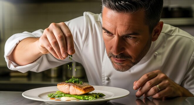 Professional chef sprinkling herbs on plated dish, cinematic side lighting, medium close-up food photography for premium stock visuals