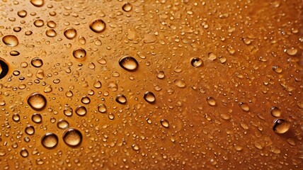 Detailed close-up of water droplets on orange toned background with PVC grunge surface, abstract texture of bubbles resembling condensed pure droplets on canvas
