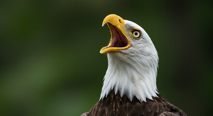 Obraz premium Majestic Bald Eagle with Open Beak Against Dark Green Background