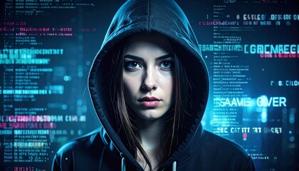 Person in dark hoodie with digital code overlay, sunglasses reflecting data, “GAME OVER” text across face—evoking cyberpunk tension, anonymity, digital threat, and hacker aesthetic.