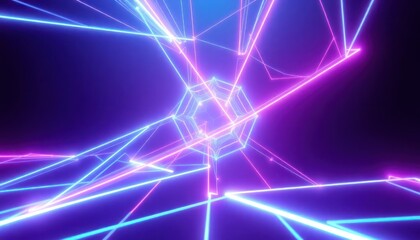 Fototapeta premium Vibrant neon lines create a futuristic geometric tunnel, ideal for technology, digital data, or energetic background designs. Abstract light pattern.