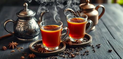 Steaming masala chai in traditional glasses, kettle, spices & tea leaves on dark wood, rustic, traditional drink
