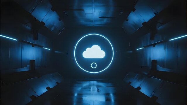 Futuristic Tunnel with Glowing Cloud Icon at Center