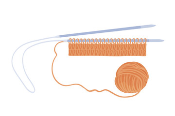 Knitted swatch on needles. Hobby, needlework, handmade. Love for knitting vector illustration.