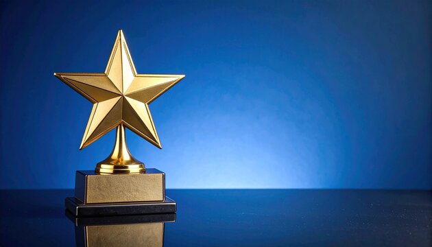 Gold star-shaped trophy on black base with nameplate, set against blue gradient and reflective surface—symbolizing excellence, achievement, and recognition in a sleek, celebratory design.