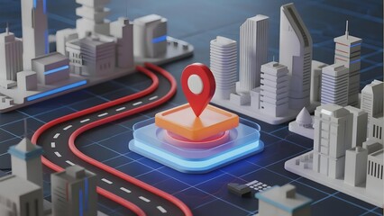 3D Cityscape with Highlighted Location Pin and Road Network
