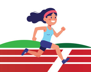 A young woman with dark hair sprints energetically along a red running track, showcasing athleticism and determination.