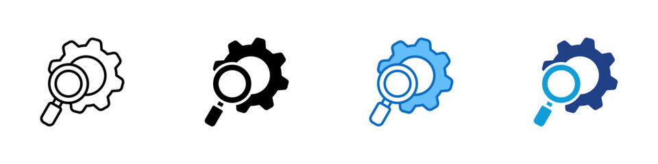 Gear Search Multiple Style Icon Vector Design - Magnifying glass over gear, representing system diagnostics or configuration search