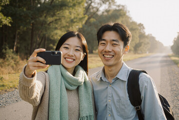 Smiling young couple taking selfie on a scenic forest road during autumn, capturing joyful outdoor moments