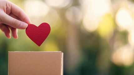 A hand places a red heart shape into a cardboard box, symbolizing love and care in a serene, natural setting.